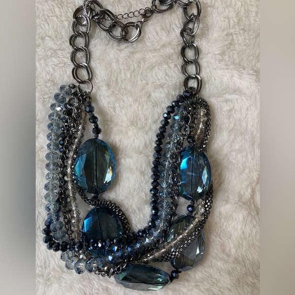 Dark Blue Chunky‎ Multi Strands Glass Beads Statement Necklace - Picture 1 of 7